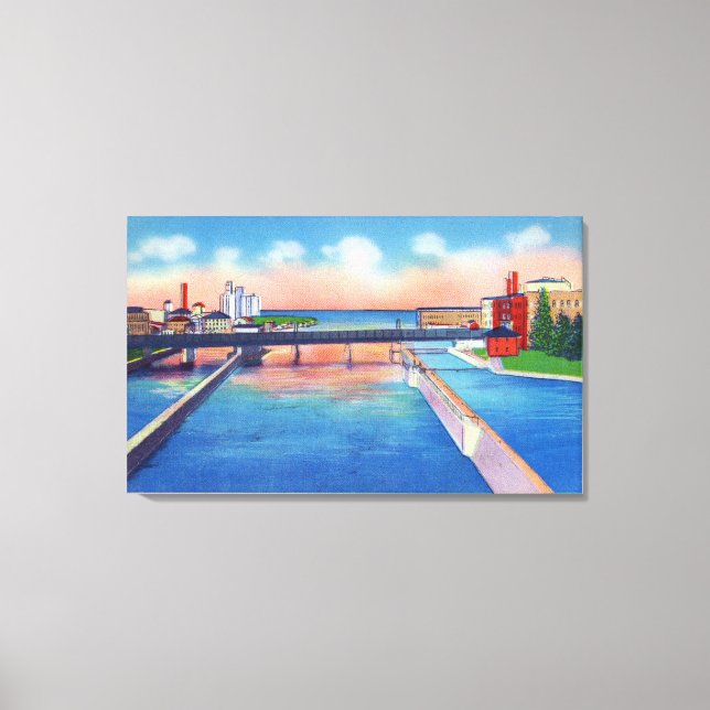 Oswego River View of Canal Locks & Harbour Canvastryck (Framsida)