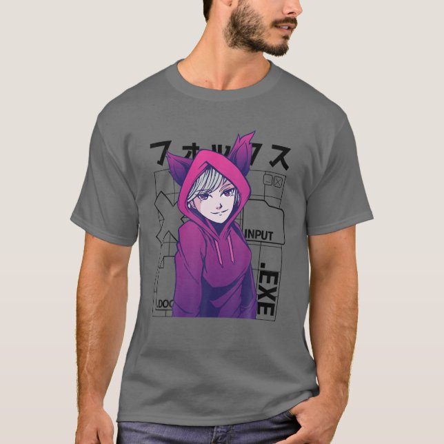 Otaku 90S Cute Anime Girl with Fox Öron Japan Cult T Shirt (Framsida)