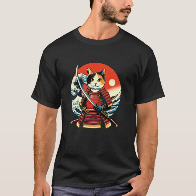 Otaku Trefärgad Katt Samuraj T Shirt (Framsida)