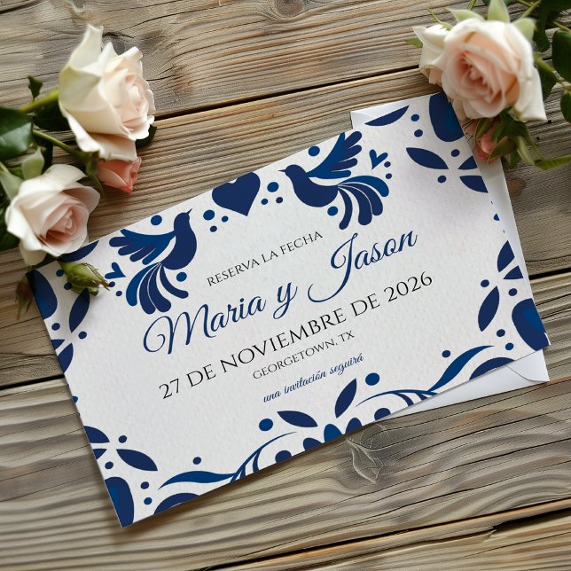 Otomi Blå Blommig Elegant Fiesta Spansk Bröllop Spara Datumet (Otomi Blue Floral Elegant Fiesta Spanish Wedding Save The Date)