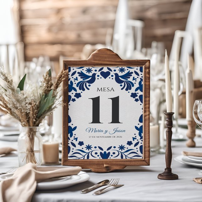 Otomi Blue Floral Elegant Fiesta Spanish Wedding Bordsnummer (Otomi Blue Floral Elegant Fiesta Spanish Wedding Table Number)