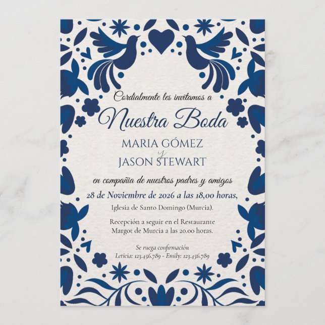 Otomi Blue Floral Elegant Fiesta Spanish Wedding Inbjudningar (Framsida)