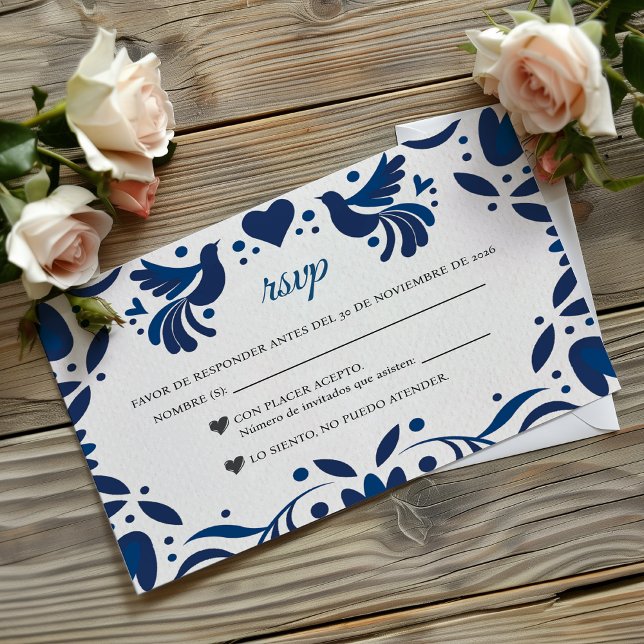 Otomi Blue Floral Elegant Fiesta Spanish Wedding OSA Kort (Otomi Blue Floral Elegant Fiesta Spanish Wedding RSVP Card)