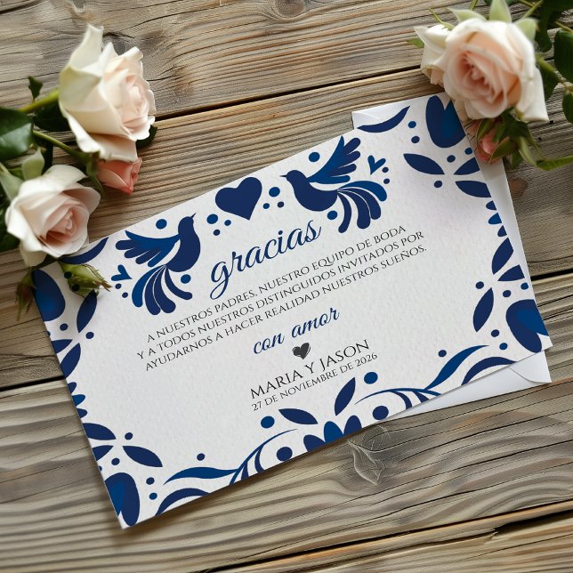 Otomi Blue Floral Elegant Fiesta Spanish Wedding Tack Kort (Otomi Blue Floral Elegant Fiesta Spanish Wedding Thank You Card)