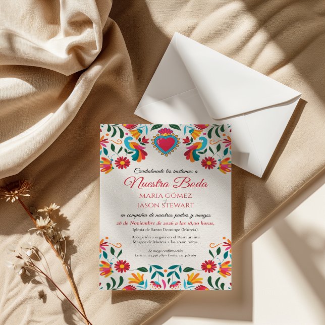 Otomi Tenangos Blommig Färgrik Spansk Bröllopsinbj Inbjudningar (Otomi Tenangos Floral Colorful Spanish Wedding Invitation)