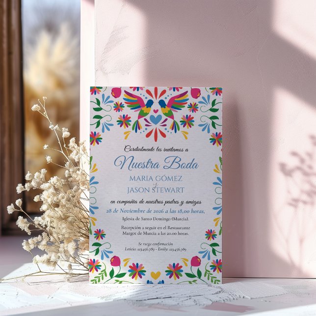 Otomi Tenangos Färgglada Blommiga Spanska Bröllop Inbjudningar (Otomi Tenangos Colorful Floral Spanish Wedding Invitation)