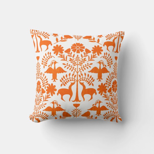 Otomi tryck, boho kastkudde vit & orange kudde (Framsida)