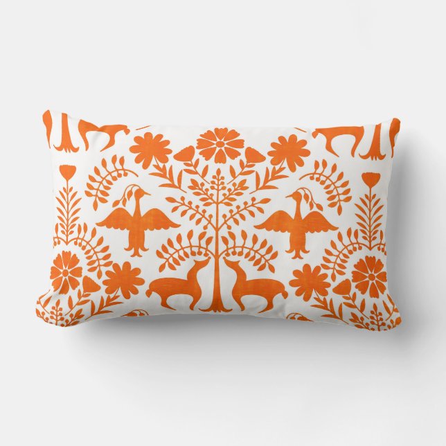 Otomi tryck-, vit- & orangeBoho dekorativ kudde (Framsida)