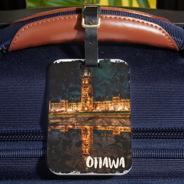 Ottawa Canada by Night Travel Watercolor Bagagebricka (Framsida Insitu 2)