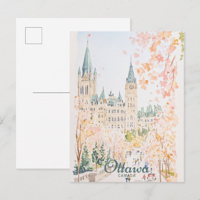 Ottawa Canada Gouache Paint Illustration Travel Vykort (Fram/baksida)