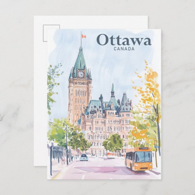 Ottawa Canada Gouache Paint Illustration Travel Vykort (Fram/baksida)