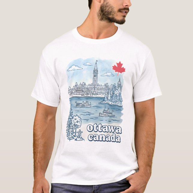 Ottawa Kanada Enkel Blå Siluett Söt Stadsscen T Shirt (Framsida)