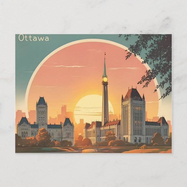 Ottawa Kanada Siluett – Djärvt Retro Solnedgång St Vykort (Framsida)
