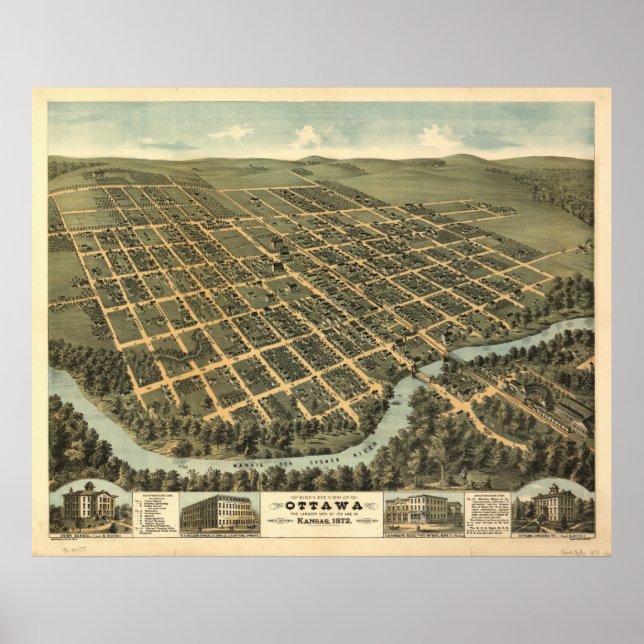 Ottawa Kansas 1872 Panoramic Karta Poster (Framsidan)