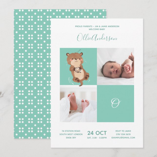 Otter ・ Alfabet Monogram Cute Baby Shower Inbjudningar (Fram/baksida)