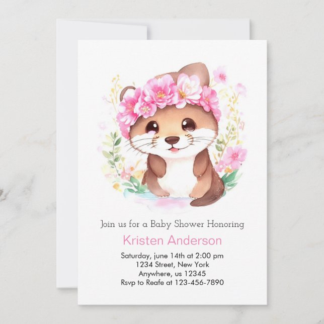 Otter Äventyr Rosa WildblomGirl Baby Shower Inbjudningar (Framsida)