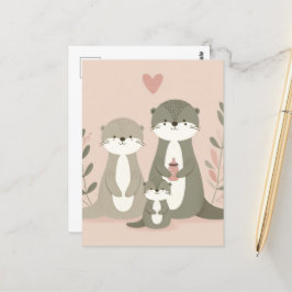Otter Boho Mamma Pappa och Baby Rosa Vykort