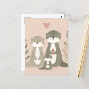 Otter Boho Mamma Pappa och Baby Rosa Vykort