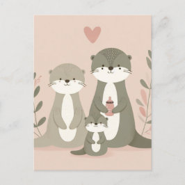Otter Boho Mamma Pappa och Baby Rosa Vykort