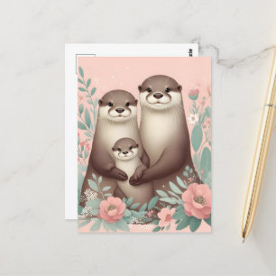 Otter Boho Rosa Mamma Pappa och Baby Vykort