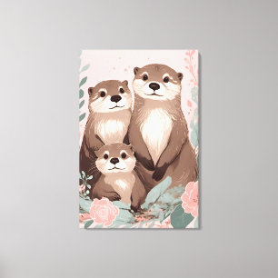 Otter Boho Rosa ros Mamma Pappa och Baby Canvastryck