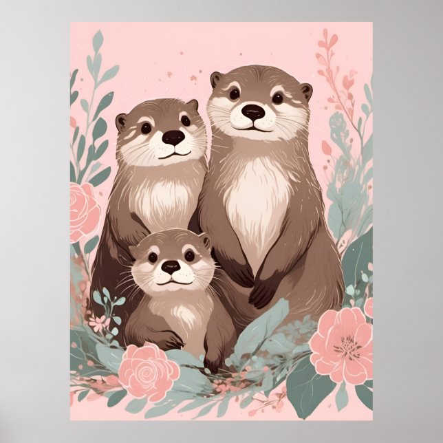 Otter Boho Rosa ros Mamma Pappa och Baby Poster (Framsidan)