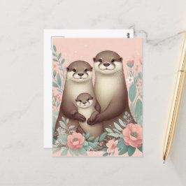 Otter Boho Rosa ros Mamma Pappa och Baby Vykort
