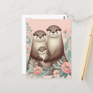 Otter Boho Rosa ros Mamma Pappa och Baby Vykort