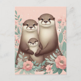 Otter Boho Rosa ros Mamma Pappa och Baby Vykort