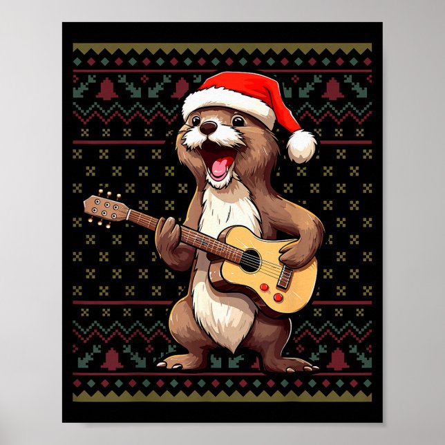 Otter Christmas Ugly Shirts Otter Playing Guitar X Poster (Framsidan)