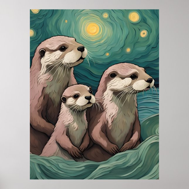 Ötter-familjen i Starry Night Ocean Poster (Framsidan)