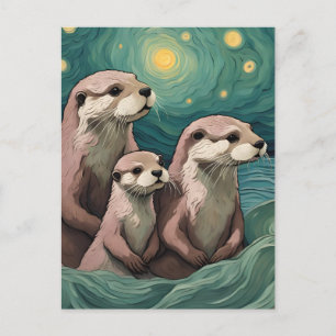 Ötter-familjen i Starry Night Ocean Vykort