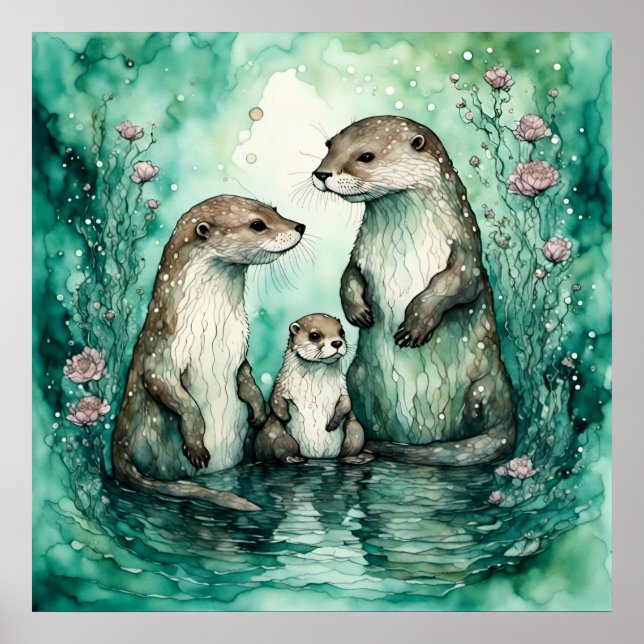 Otter-familjen med Baby Otter Poster (Framsidan)