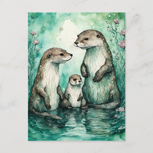 Otter-familjen med Baby Otter Vykort (Framsida)