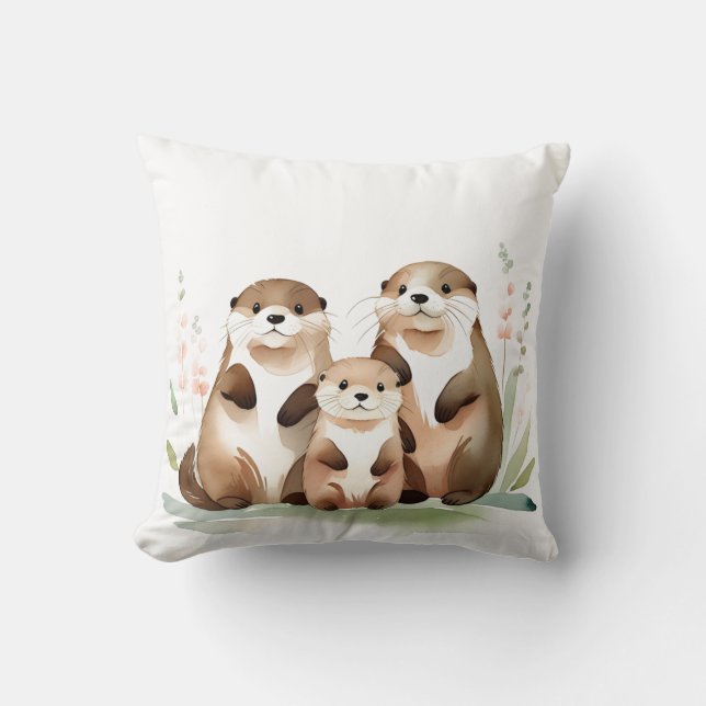 Otter-familjen med blommor kudde (Framsida)
