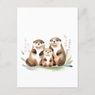 Otter-familjen med blommor vykort