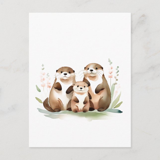 Otter-familjen med blommor vykort (Framsida)