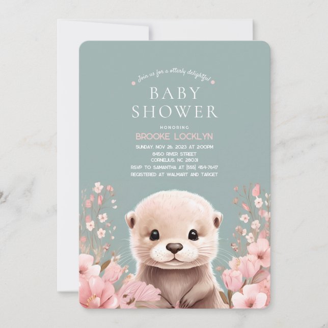 Otter Girl Baby Shower med Rosa Flowers Inbjudningar (Framsida)