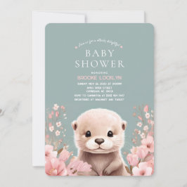 Otter Girl Baby Shower med Rosa Flowers Inbjudningar