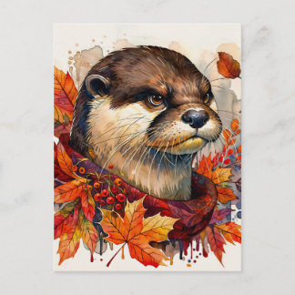 Otter Grump In Autumn Watercolor Vykort