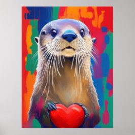 Otter Holding Red Heart Valentine Day Poster