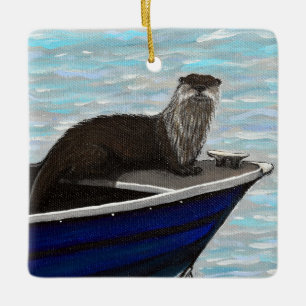 Ötter i en Boat-målning Julgransprydnad Keramik