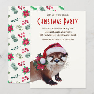 Otter i Santa Hat Poinsettias jul Party Inbjudningar