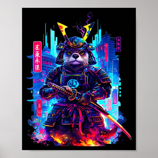 Otter Katana Cyberpunk Neon Samurai Japanese Art  Poster (Framsidan)