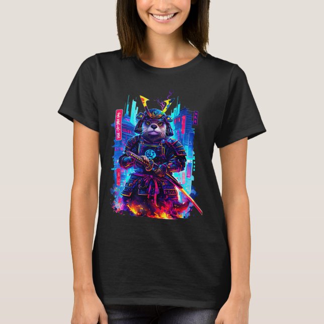Otter Katana Cyberpunk Neon Samurai Japanese Art  T Shirt (Framsida)