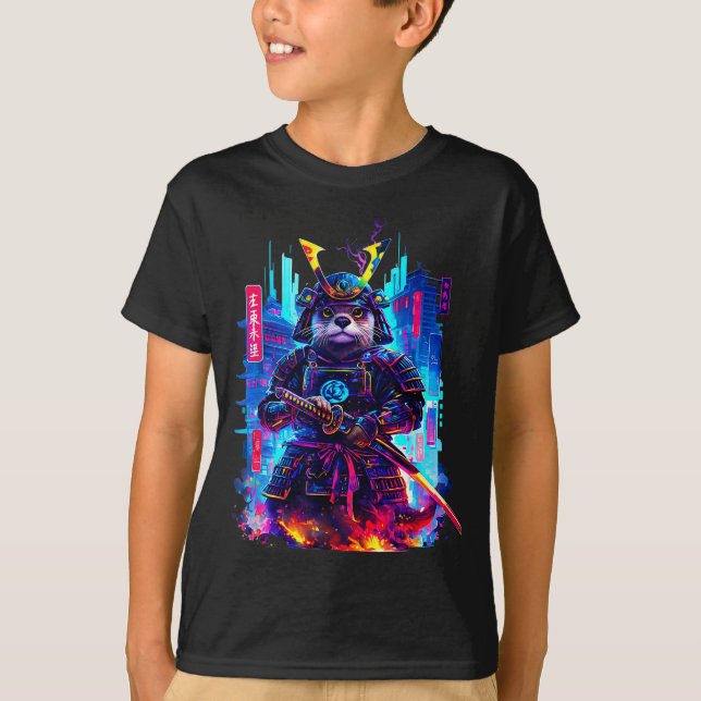 Otter Katana Cyberpunk Neon Samurai Japanese Art  T Shirt (Framsida)