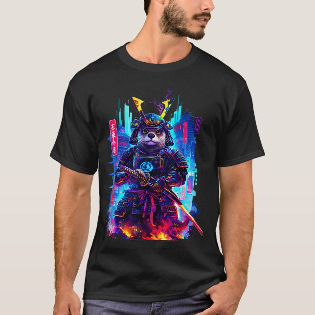 Otter Katana Cyberpunk Neon Samurai Japanese Art  T Shirt (Framsida)