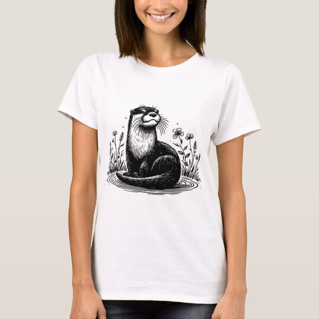 Otter Line Art Nature Illustration T Shirt (Framsida)