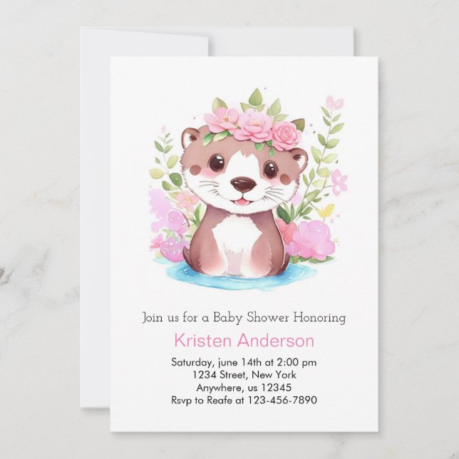 Otter Meadow Äventyr Rosa Girl Baby Shower Inbjudningar (Framsida)