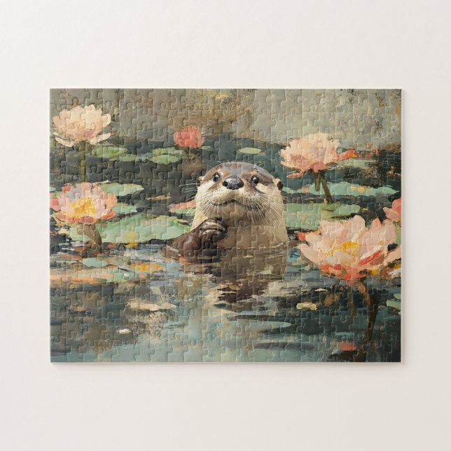 Otter med Lotus Flowers Painting Pussel (Horisontell)